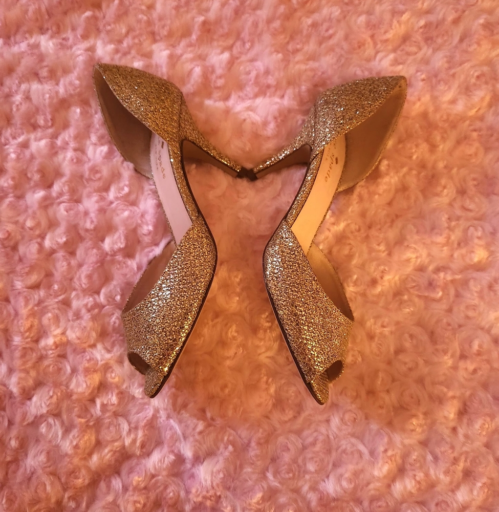 Kate Spade Sage Gold Sparkle Peep Toe Heels - Picture 2 of 7